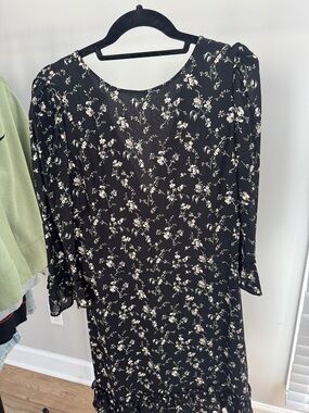 Reformation Black Midi Dress with Cream Floral Print